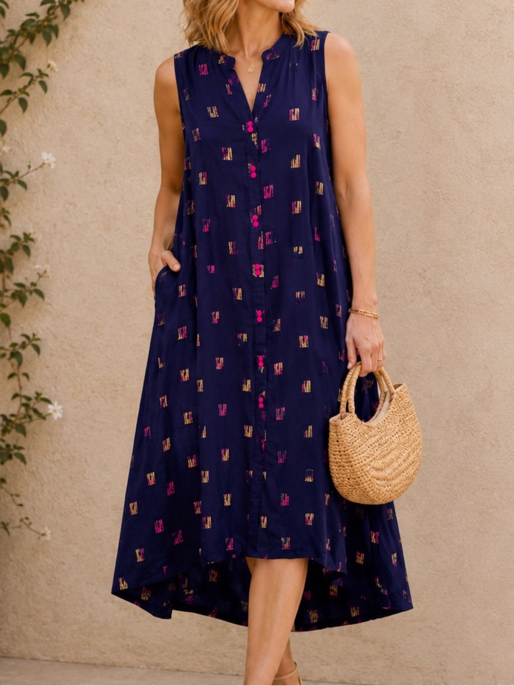 Avaasa Navy Rayon Sleeveless High Low Midi Dress Pink Gold Print Size Medium